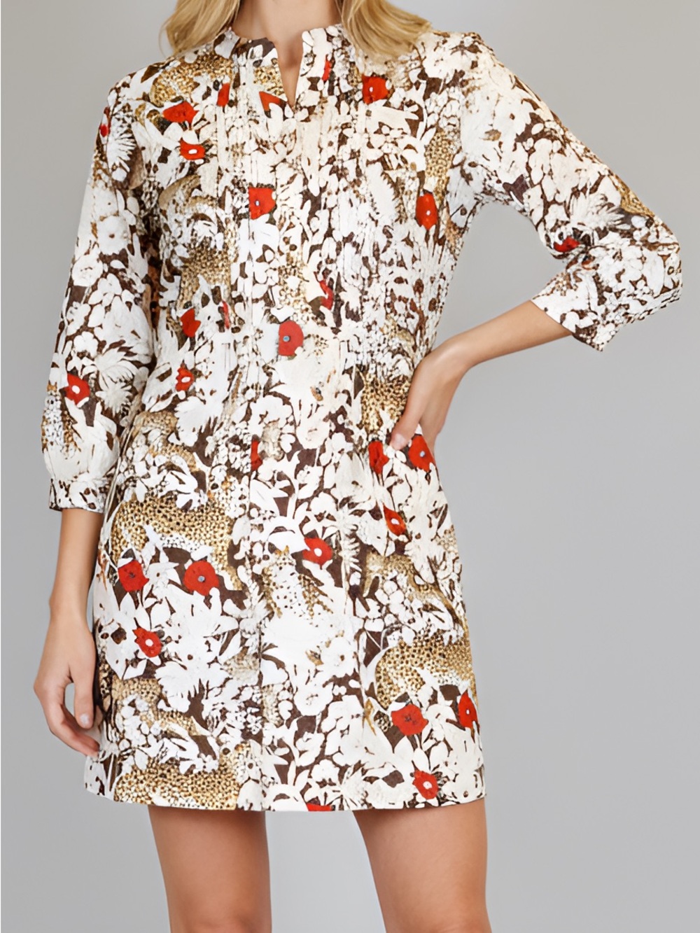 La Plage Maye Leopard Brown Corduroy Babydoll Mini Dress XS Retro Cotton‎ Chic